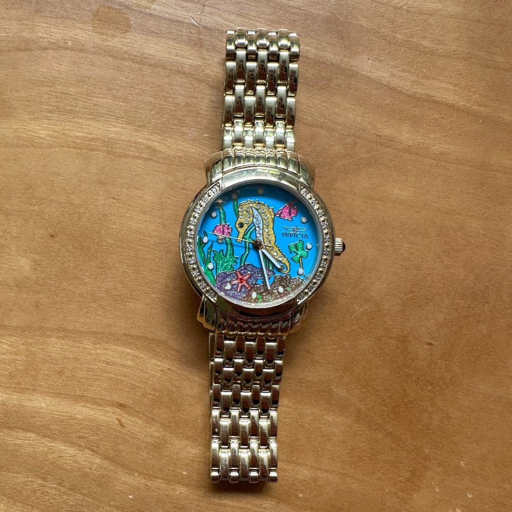 Invicta 6377 Underwater Ocean-Theme With Seahorse Gold Tone & Crystal Watch